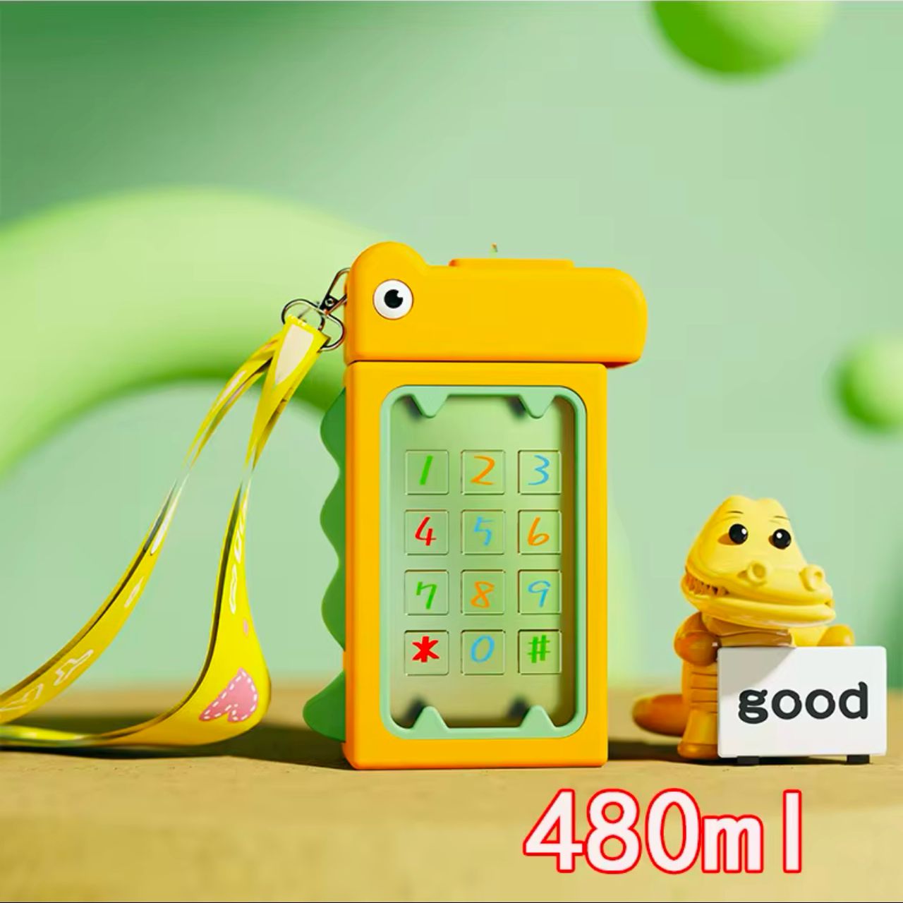 DINO DESIGN WATER BOTTLE FOR KIDS.LEAK PROOF TRITAN BOTTLE WITH STRAP, BPA FREE, NON SPILL, 480ML