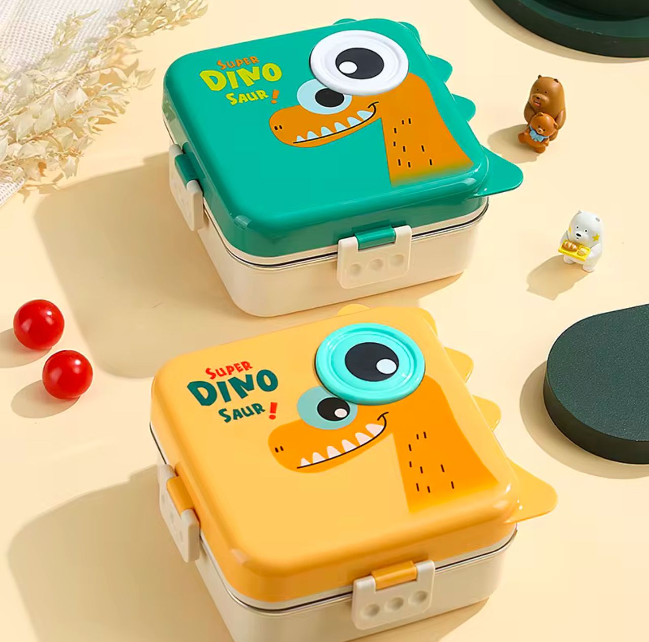 SUPER DINOSAUR STEEL LUNCH BOX, DINO EYE SPILL FREE LUNCH STEEL LUNCH BOX STAINLESS STEEL,DOUBLE DECKER,BPA FREE LEAKPROOF