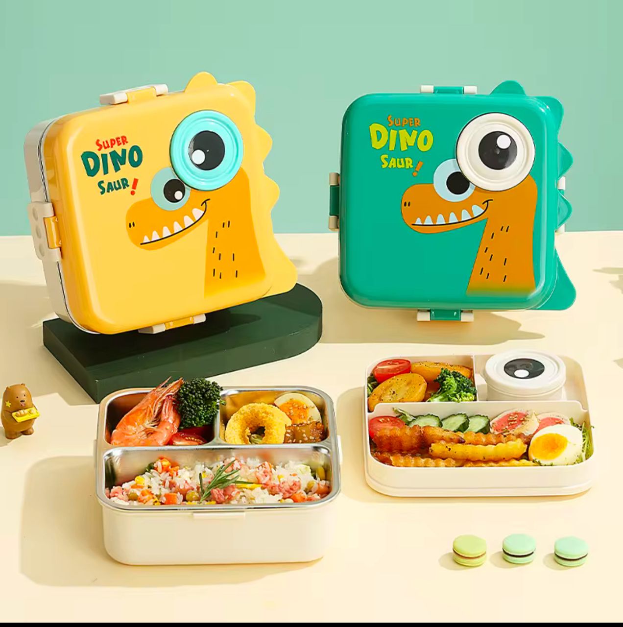 SUPER DINOSAUR STEEL LUNCH BOX, DINO EYE SPILL FREE LUNCH STEEL LUNCH BOX STAINLESS STEEL,DOUBLE DECKER,BPA FREE LEAKPROOF