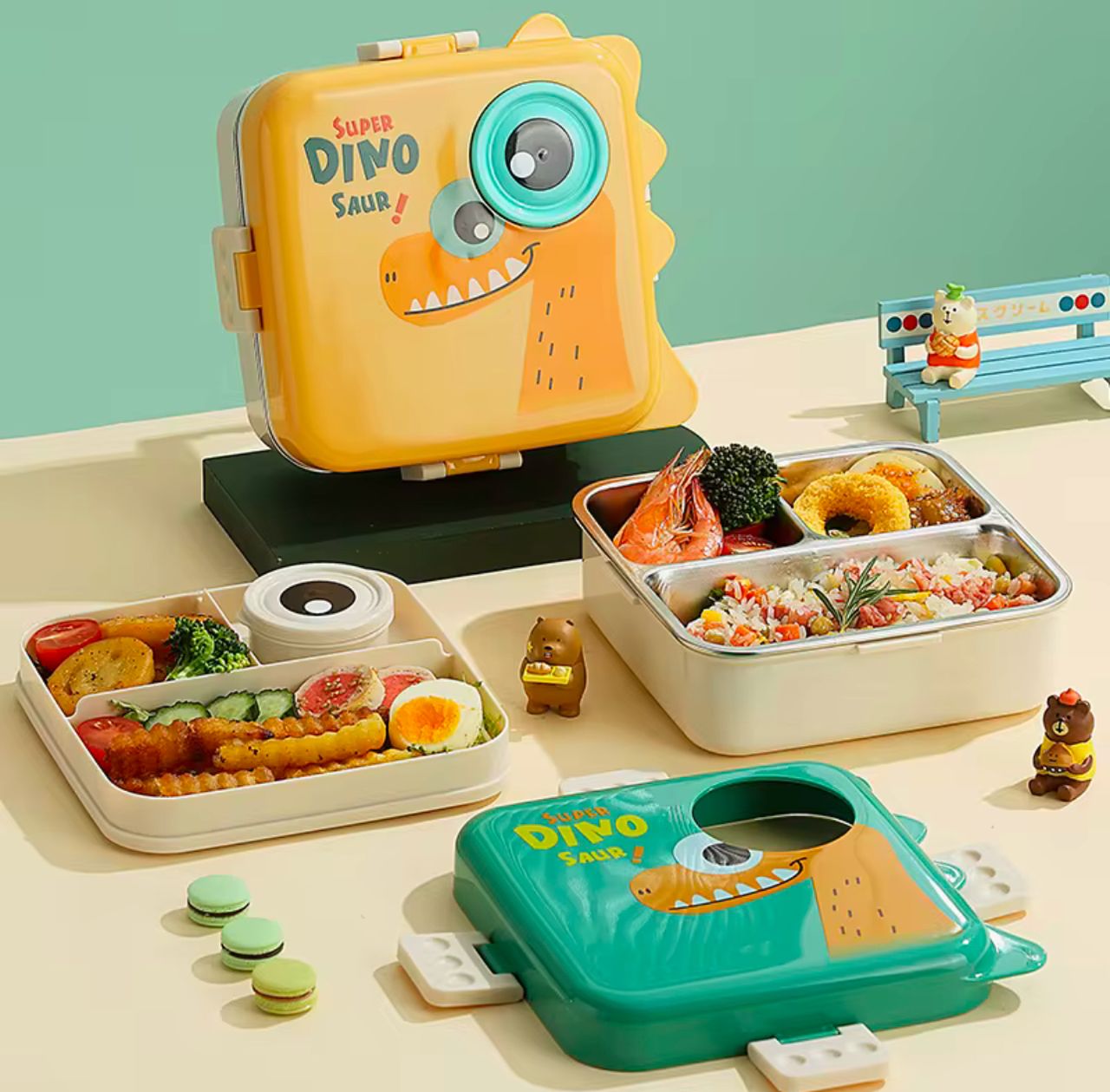 SUPER DINOSAUR STEEL LUNCH BOX, DINO EYE SPILL FREE LUNCH STEEL LUNCH BOX STAINLESS STEEL,DOUBLE DECKER,BPA FREE LEAKPROOF