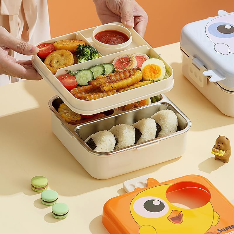 SUPER DINOSAUR STEEL LUNCH BOX, DINO EYE SPILL FREE LUNCH STEEL LUNCH BOX STAINLESS STEEL,DOUBLE DECKER,BPA FREE LEAKPROOF