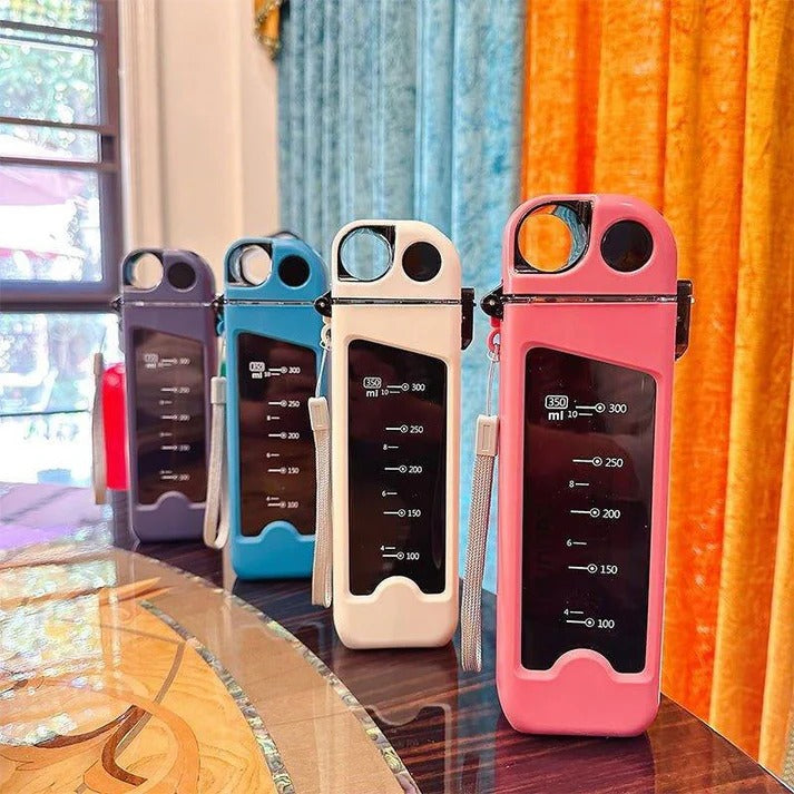 FLIP TOP PORTABLE SQUARE PLASTIC WATER BOTTLE 350ML,FOOD GRADE,DUCKBILL DESIGN,SILICON SEAL CREAM