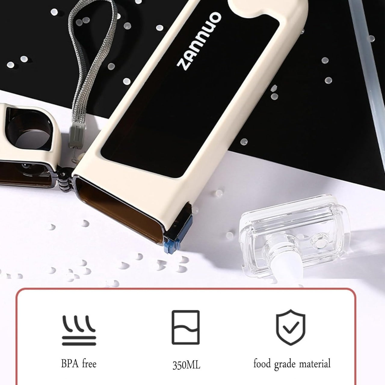 FLIP TOP PORTABLE SQUARE PLASTIC WATER BOTTLE 350ML,FOOD GRADE,DUCKBILL DESIGN,SILICON SEAL CREAM