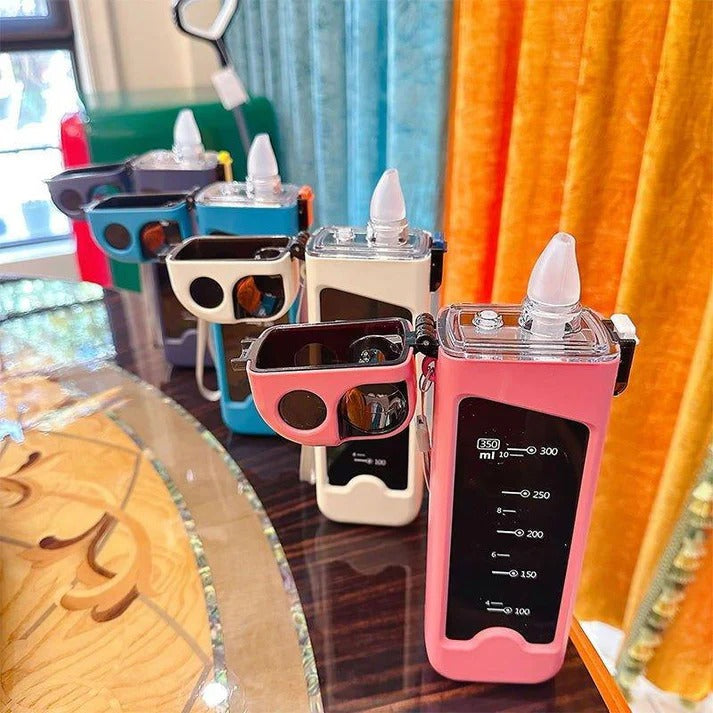 FLIP TOP PORTABLE SQUARE PLASTIC WATER BOTTLE 350ML,FOOD GRADE,DUCKBILL DESIGN,SILICON SEAL CREAM