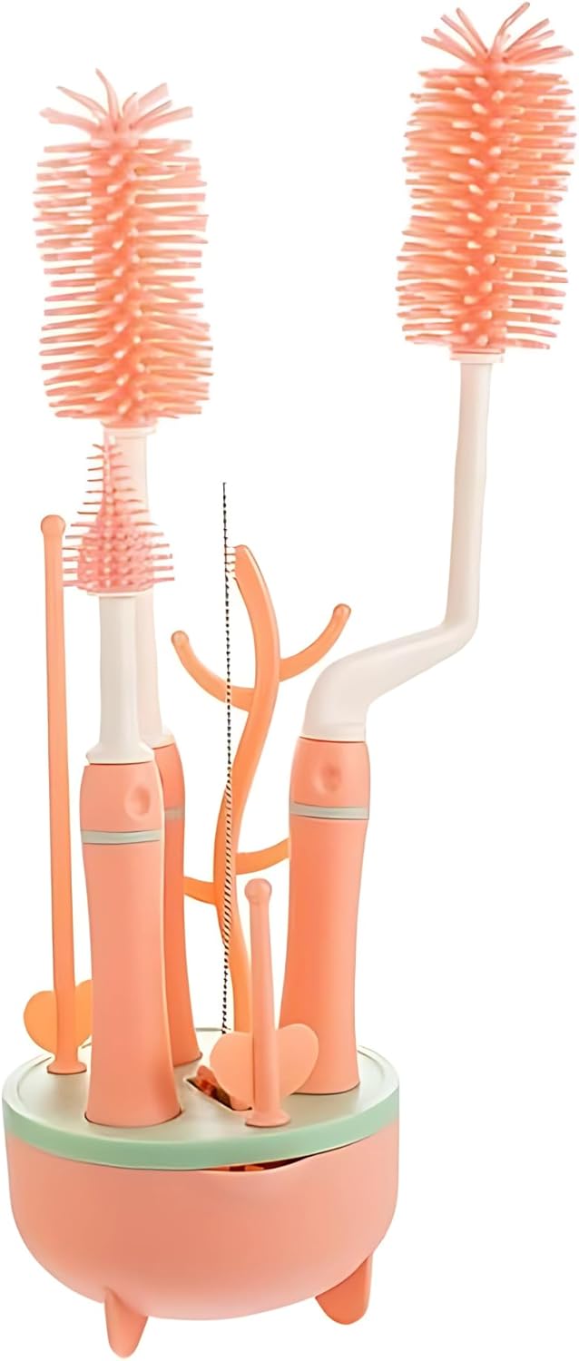 SILICON BABY BOTTLE BRUSH CLEANER SET,7 PIECESWITH STAND, 360" ROTATING, STRAW AND NIPPLE BRUSH