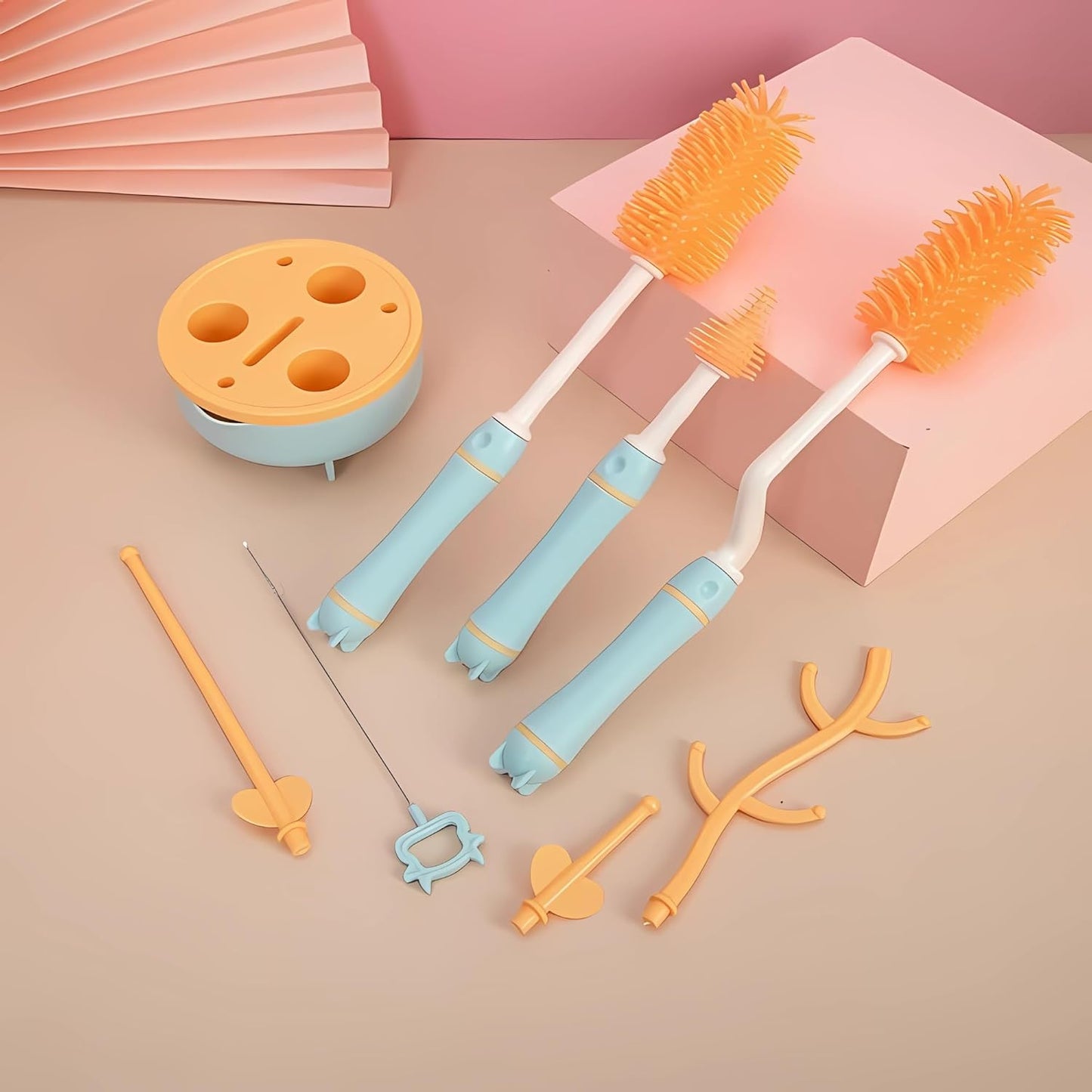 SILICON BABY BOTTLE BRUSH CLEANER SET,7 PIECESWITH STAND, 360" ROTATING, STRAW AND NIPPLE BRUSH
