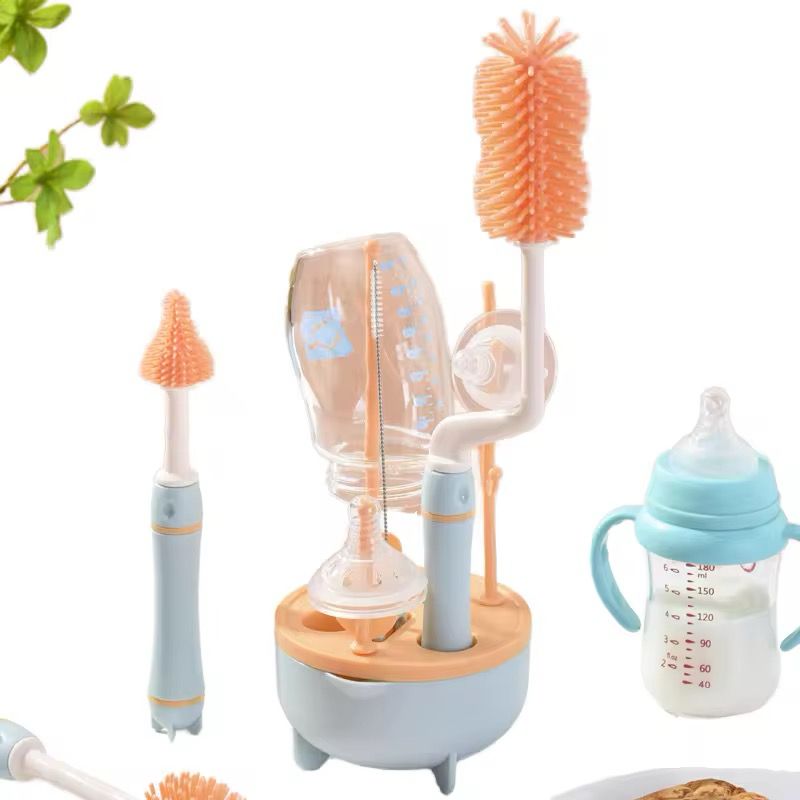 SILICON BABY BOTTLE BRUSH CLEANER SET,7 PIECESWITH STAND, 360" ROTATING, STRAW AND NIPPLE BRUSH