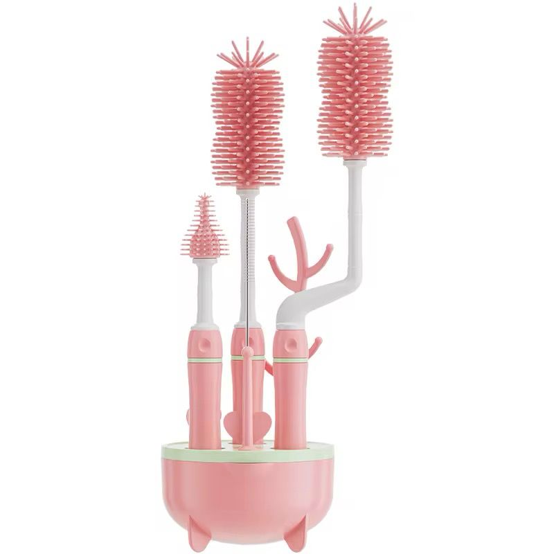 SILICON BABY BOTTLE BRUSH CLEANER SET,7 PIECESWITH STAND, 360" ROTATING, STRAW AND NIPPLE BRUSH