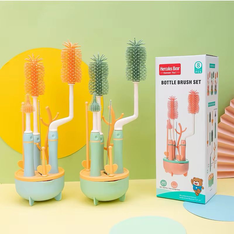 SILICON BABY BOTTLE BRUSH CLEANER SET,7 PIECESWITH STAND, 360" ROTATING, STRAW AND NIPPLE BRUSH
