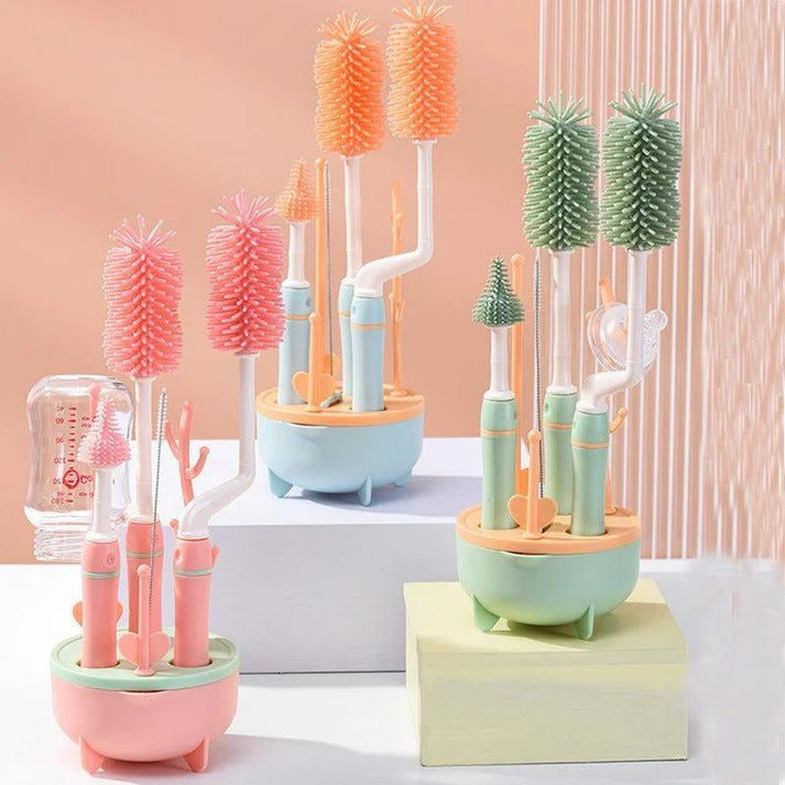 SILICON BABY BOTTLE BRUSH CLEANER SET,7 PIECESWITH STAND, 360" ROTATING, STRAW AND NIPPLE BRUSH