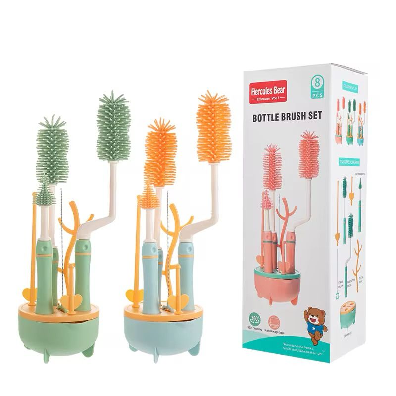 SILICON BABY BOTTLE BRUSH CLEANER SET,7 PIECESWITH STAND, 360" ROTATING, STRAW AND NIPPLE BRUSH