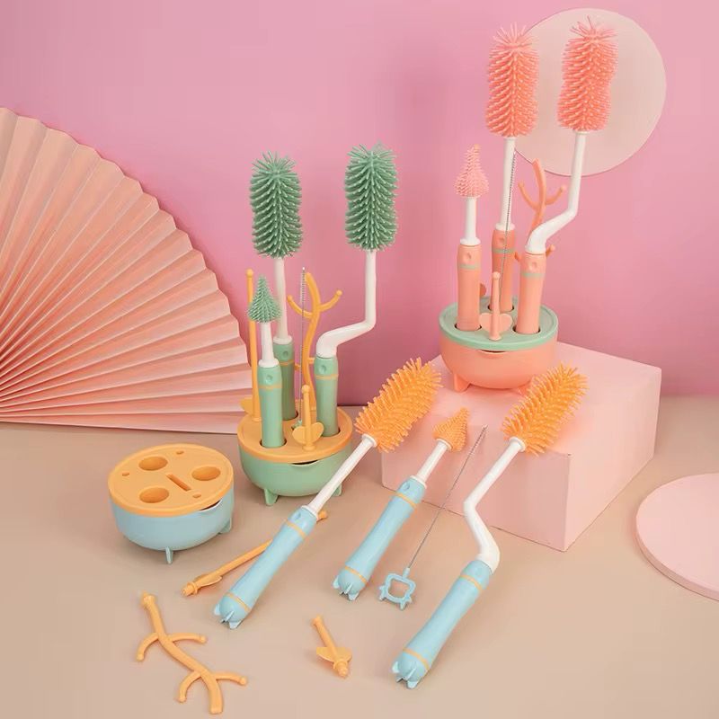 SILICON BABY BOTTLE BRUSH CLEANER SET,7 PIECESWITH STAND, 360" ROTATING, STRAW AND NIPPLE BRUSH