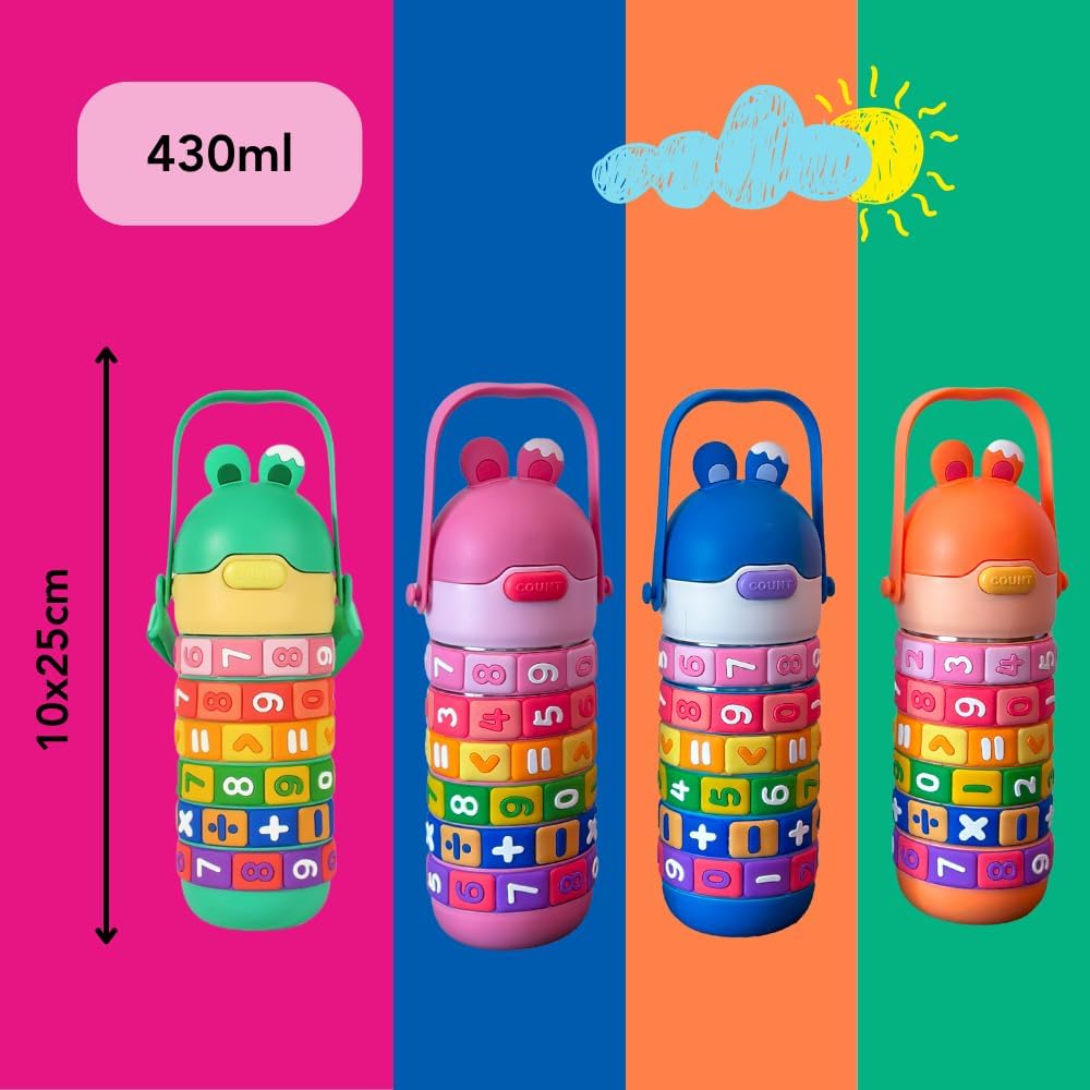 KIDS MATH LEARNING WATER BOTTLE 430ML, BPA FREE, LEAK PROOF STAINLESS STEEL,VACUUM INSULATED