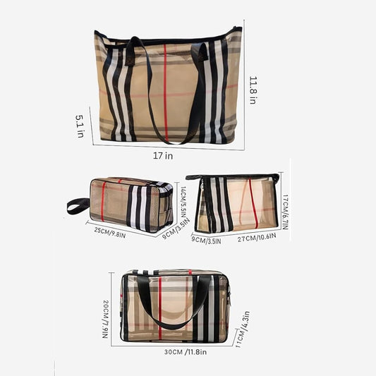 4 Pcs Buberry Pattern Travel Tote Bag, And Cosmetic Bag Set